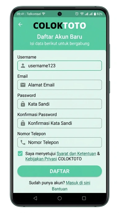Tampilan halaman daftar coloktoto